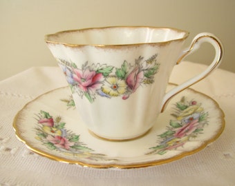 Vintage Royal Stafford Cup Saucer Bone China Teacup Saucer Blossom cup Special Occasion Health Happiness Floral cup 1950's Collection gift