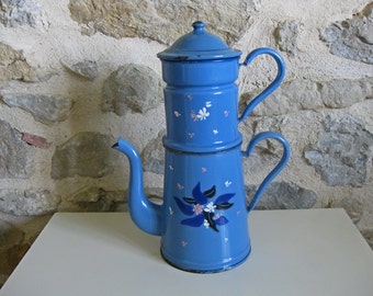 Huge French blue enamel coffee pot "biggin" with hand painted flowers