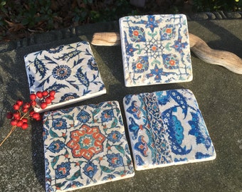 Iznik Turkish Tile Coasters- Turkish inspired tiles, stone coasters, Turkish Coasters, set of 4