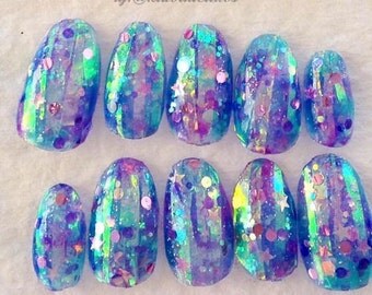 Mega Sparkly Glitter Starry Glass Gel Nail Art Press on false fake nails