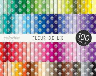 Fleur de Lis digital paper 100 rainbow colors geometric vintage flower retro brights pastels neutrals printable scrapbooking paper