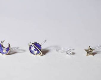 A set of Clip On Space studs earrings-set of 4 tiny-mini-jewelry-earth-half moon-stars-space-unique-earrings-crystal-gift-whitestone-yellow