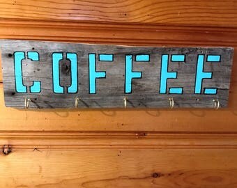 Coffee Cup Holder, Rustic Mug Rack, Coffee Lover Gift, Farmhouse Kitchen Decor, Reclaimed Wood Coffee Mug Wall Rack, Rustic Kitchen Storage