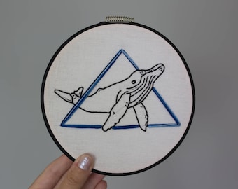Geometric Whale Embroidery Hoop Art, Geometric Decor, Wall Hanging, Handmade Whale, Simplistic Decor