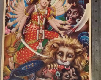 Vintage Hindu God Print Mahishasur Mardani