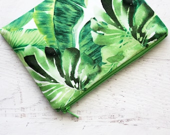Tropical leaf zipper pouch - makeup bag - cosmetics bag - palm leaf bag - travel gear - palm springs bag - small travel bag - zip pouch