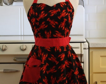 Retro Full Apron Sweetheart Neckline Lobsters on Black - BELLA