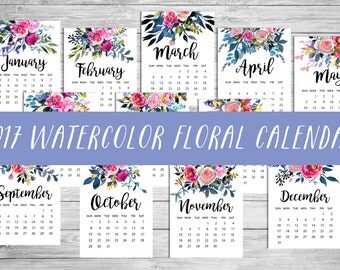 2017 Calendar - Printable watercolor flowers floral Botanical calendar - Instant download 8.5x11