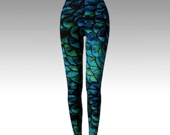 Mermaid capri leggings seapunk unique printed yoga pants scales feathers turquoise size xs s m l xl unusual beach mermaid tail pattern