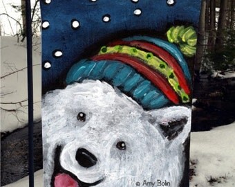 Samoyed "Snowy Weather" 12" by 18" GARDEN FLAG by Amy Bolin