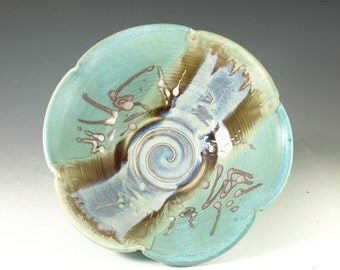 Handmade serving bowl wheel thrown ceramic bowl turquoise blue glaze