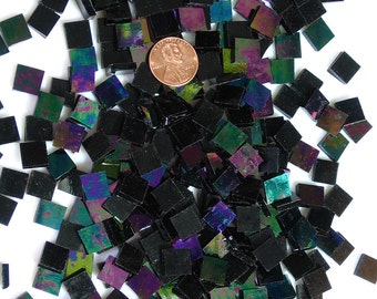 Black Opal Iridescent Mosaic Tile Squares Hand Cut From Spectrum Stained Glass With 5 Different Sizes to Choose From, Perfect for Mosaic Art
