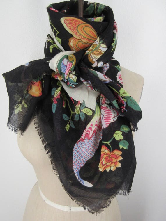 Vintage scarf wool silk Shawl floral butterfly Metropolitan