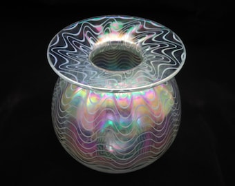 Art Glass Vase - Iridescent, Pulled White Lines, Glass Eye Studio, Mt St Helens Ash