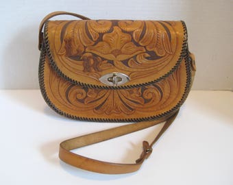 Vintage Hand Tooled Leather Purse Shoulder Bag Handbag