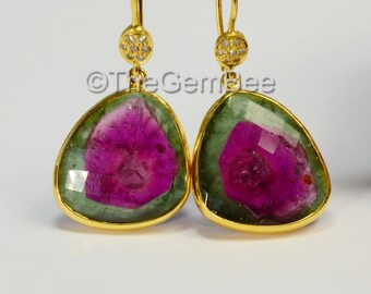 18K Solid Yellow Gold Champagne Diamond 34CT Watermelon Tourmaline Earrings