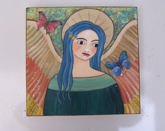 Angel Painting Original Folk Art Encaustic Mixed Media Painting Shabby Butterflies