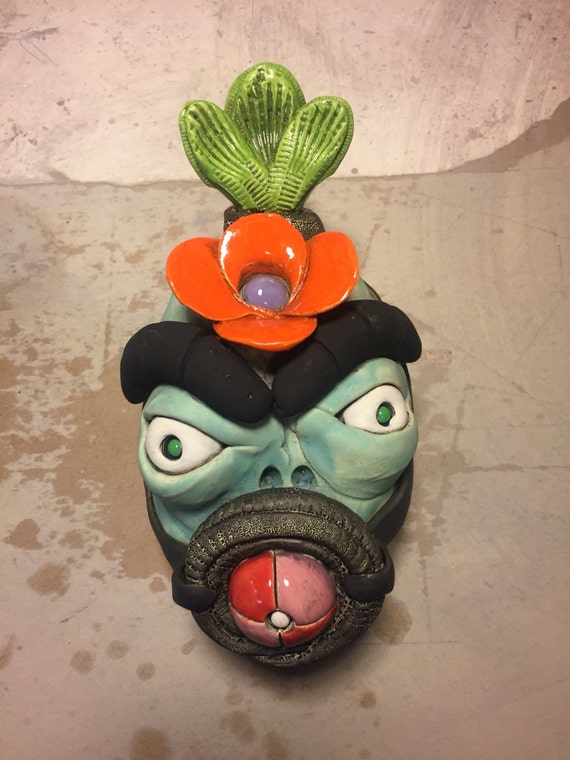 Ceramic Japanese Oni Head wall hanging original art