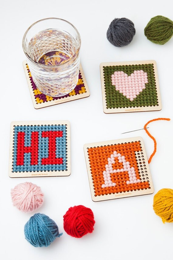 DIY Cross Stitch Wood Coaster Kit Set of Four Personalized