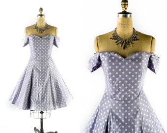 Vintage 80s Dress // 1980s Dress // 50s Style Dress // LAURA ASHLEY Dress // Off the Shoulder Dress // Polka Dot Dress - sz M - 29" Waist