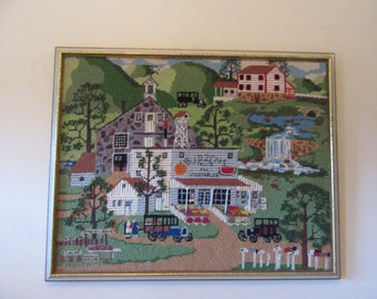 Reduced..Wonderful hand stitched Charles Wysocki Budzens Fruits & Vegetables framed needlepoint- great condition, ready to hang