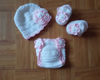 Baby Girl Infant Girl Crochet Hat Beanie Booties Diaper Cover Baby Shower Gift Photo Prop 10001 MADE TO ORDER