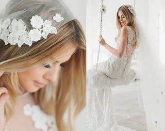 Lace Veil, Juliet Cap Veil, Wedding Veil, Silk Flower Veil, Juliet Veil, Cap Veil, Bohemian Veil, Vintage Veil, 1920s Bridal Veil, 1730