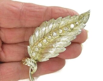 Clear Rhinestones Leaf Brooch Vintage Mid Century