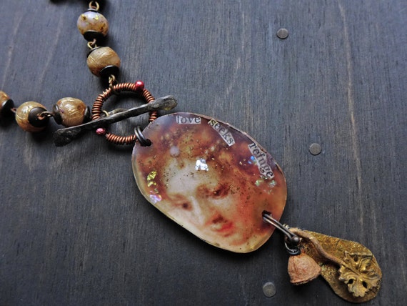Love Seeks Refuge. Handmade art necklace with rustic resin. Mixed media artisan jewelry by fancifuldevices.