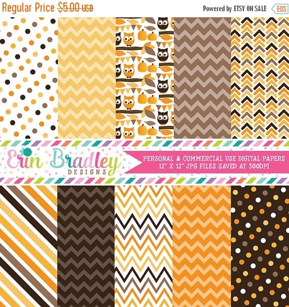 50% OFF SALE Autumn Owls Orange Brown and Yellow Digital Paper Pack Instant Download Il_570xn