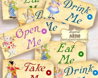 Alice in wonderland Tags, ALICE tags, Alice in Wonderland decoration, instant download, perfect for parties, presents and invitations.
