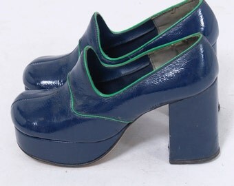 Vintage 70s PLATFORM Shoes Blue & Green Faux Leather Shoes DISCO Shoes 60s Shoes GLAM Rocker Chunky Heels Size 5.5