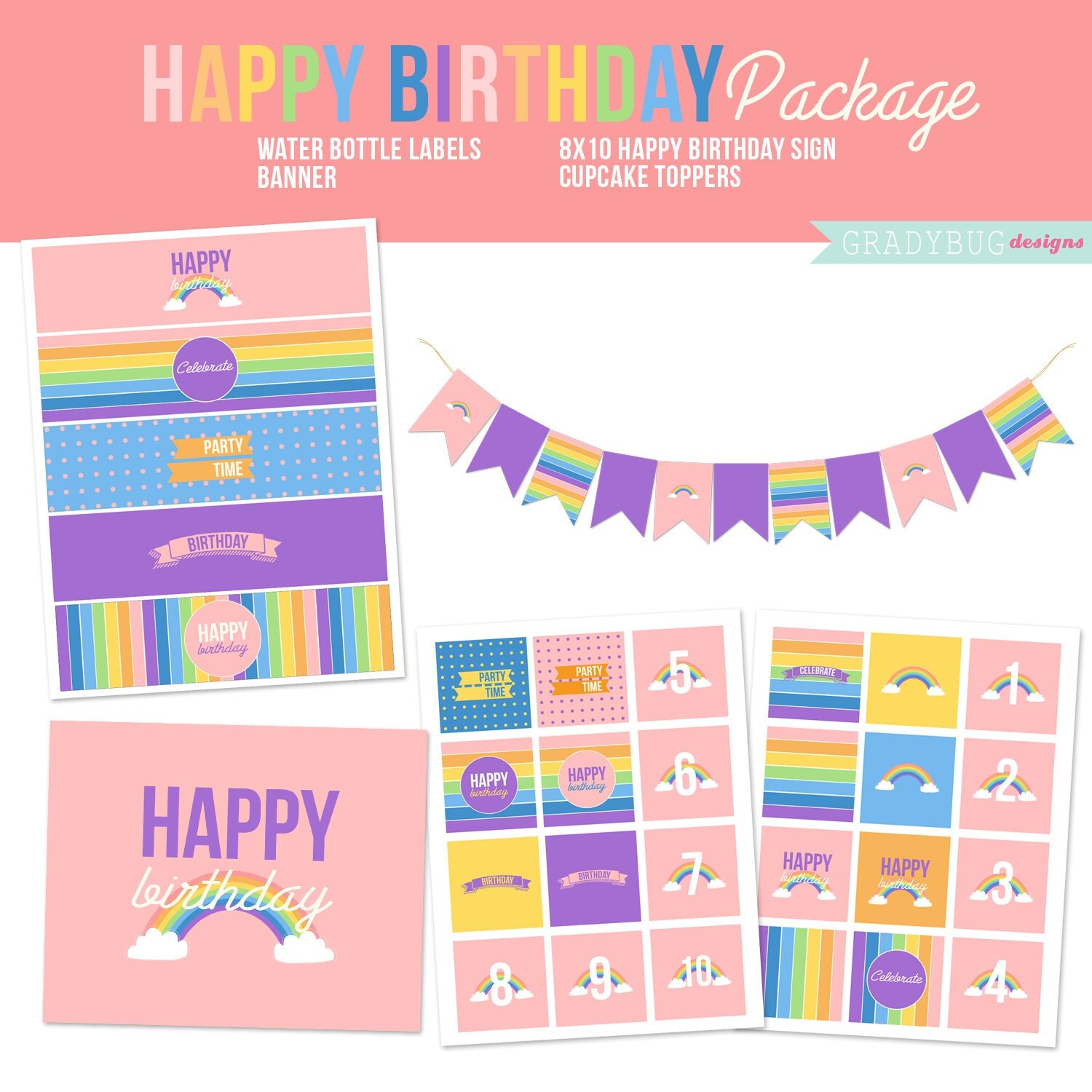 rainbow birthday printables cupcake toppers birthday print my