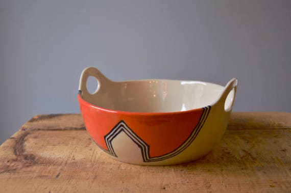 Handled Serving Bowl in Orange Houses MADE TO ORDER