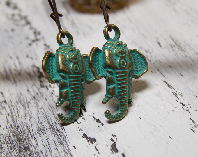 Elephant Earrings Brass Patina Lucky Elephant Earrings Vintaj Boho Bohemian Light Minimalist Dainty Small Tribal Ethnic Wildlife Jewelry
