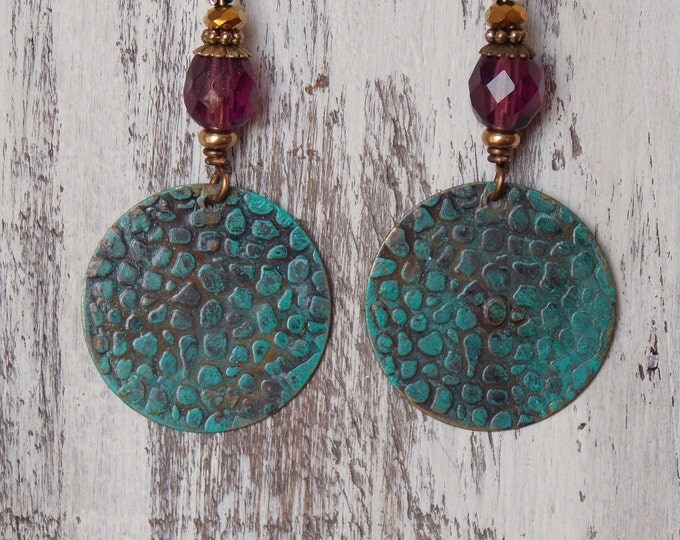 Patina Earrings Czech Glass Brass Metal Embossed Boho Earrings Purple Teal Textured Patina Brass Rustic Woodland Earrings