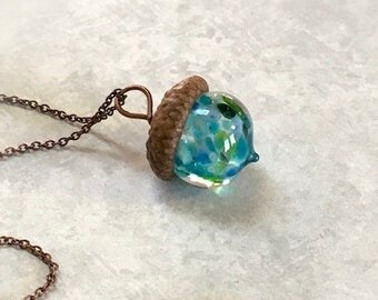 Glass Acorn Necklace - Deep Blue Sea - by Bullseyebeads