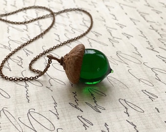Glass Acorn Necklace - Transparent Emerald Green - by Bullseyebeads