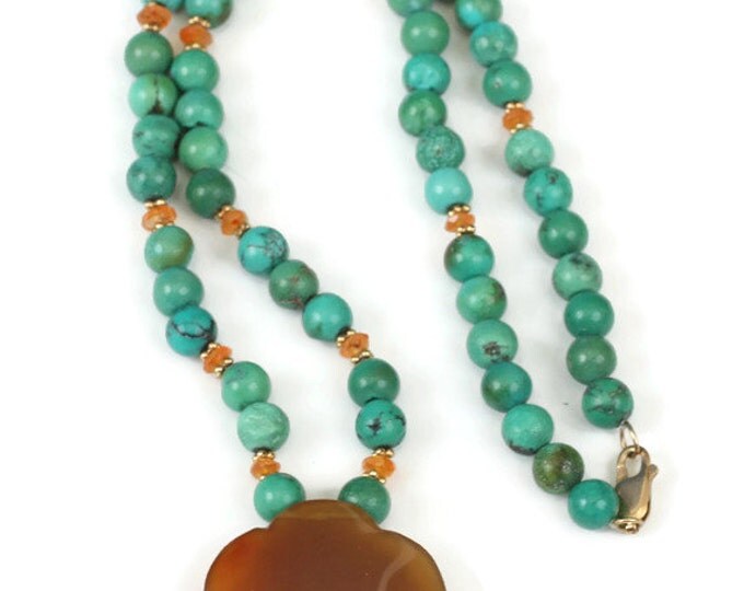 Turquoise Bead Necklace Gemstone Floral Pendant 14K Clasp Artisan