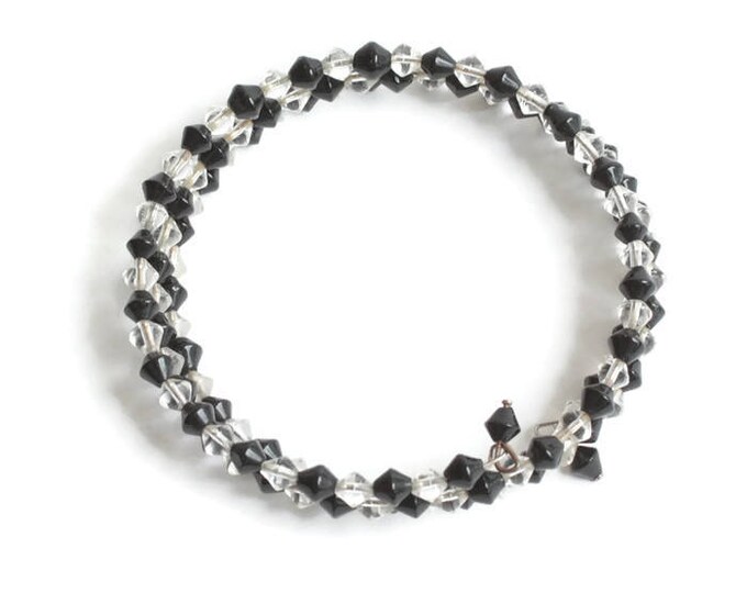 Black and Clear Crystal Memory Wire Coiled Bracelet Vintage