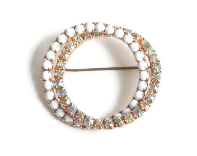 White Milk Glass and AB Rhinestone Circle Brooch Tara Vintage