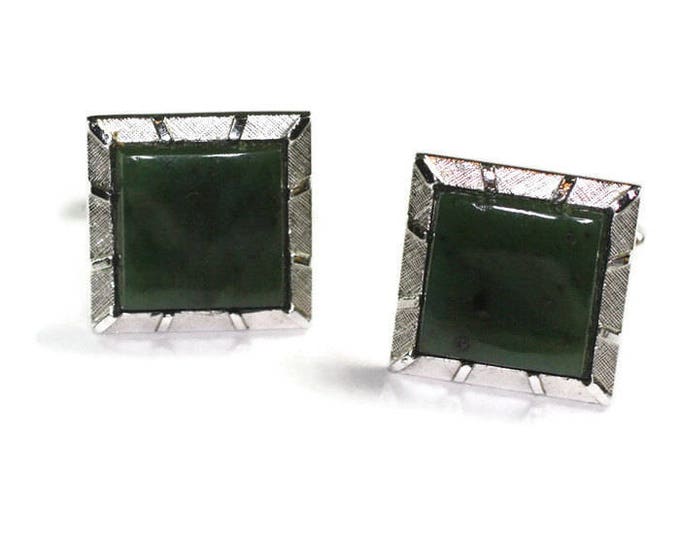 Green Stone Cuff Links Swank Silver Tone Square Vintage