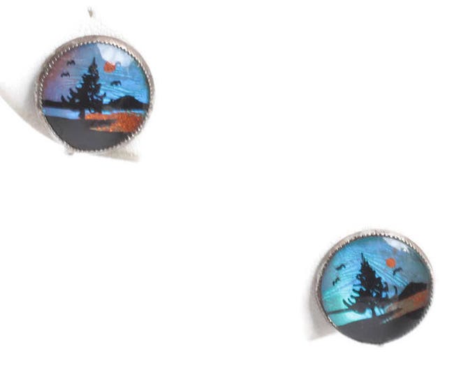 Butterfly Wing Earrings Lake Mountain Scene Screw Back Vintage