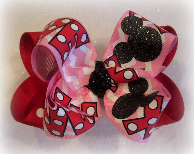 Minnie Mouse Valentine Bows, LOVE Hair Bow, Double Layered Hair Bows, Valentines Day bow, Minnie Headband, Minnie Mouse Bow, Chevron bow