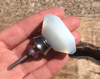 Milk Glass Drawer Knobs - Rectangle Glass Drawer Knobs - Silver Hardware (RTG25)