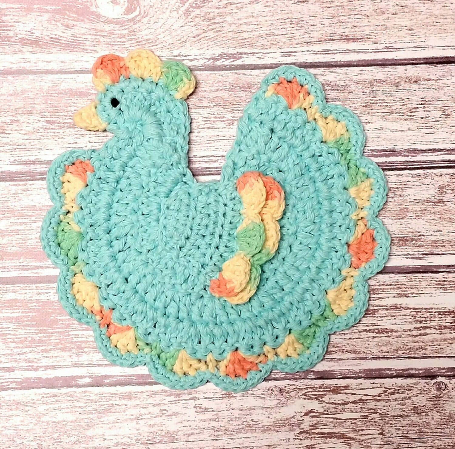 Chicken Potholder Aqua & Peach Farm Animal by littledarlynns