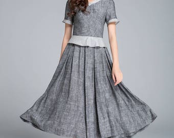 grey dress, linen dress, summer dress, retro dress, block color dress, pleated dress, elegant dress, womens dresses, plus size dress 1760