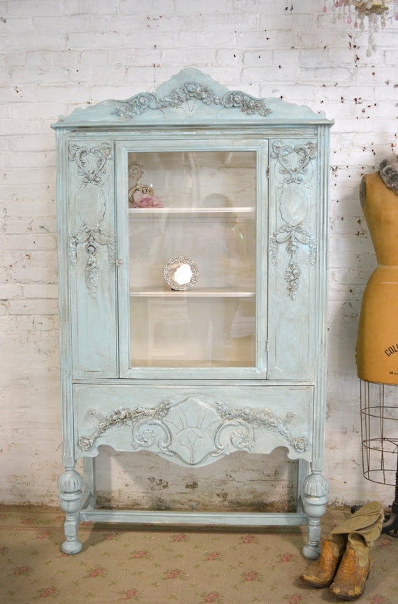 Painted Cottage Chic Shabby  Aqua Romantic French China Cabinet 