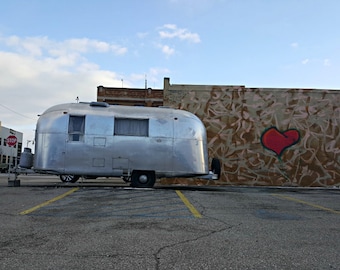 Airstream trailer photo, camper, photography, silver, vintage, retro, graffiti, tagging, red heart, Airstream art, Cyber Monday Sale, silver