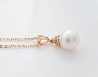 Single Pearl Rose Gold Necklace Ivory White or Cream Swarovski Pearl Pendant Necklace, Ava